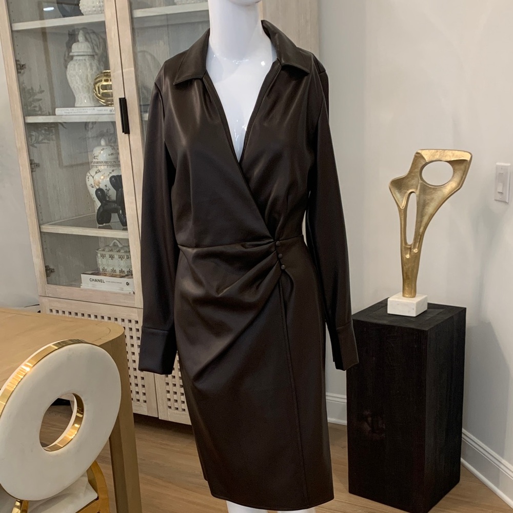 Elegant Brown Faux Leather Wrap Dress